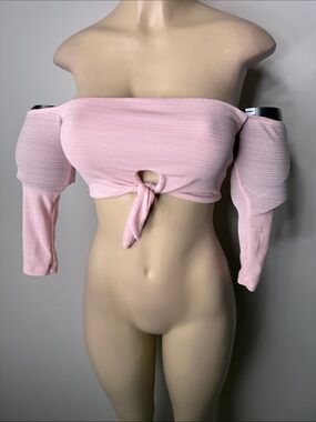 Ribbed Off-Shoulder Tie-Front Crop Top in Soft Pink
